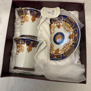 Adeline Handcrafted Fine Porcelain set 2 plates 2 teacups spoons 100% handmade.